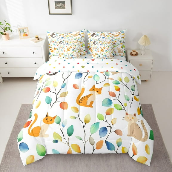 Erosebridal Cute Cat Bed in a Bag 7 Pieces Hippie Floral Bedding Set, Chic Flower Twin Size Comforter Set Watercolor Leaves Bedding Comforter Sets, Animal Pet Bed Set Kitten Decorative