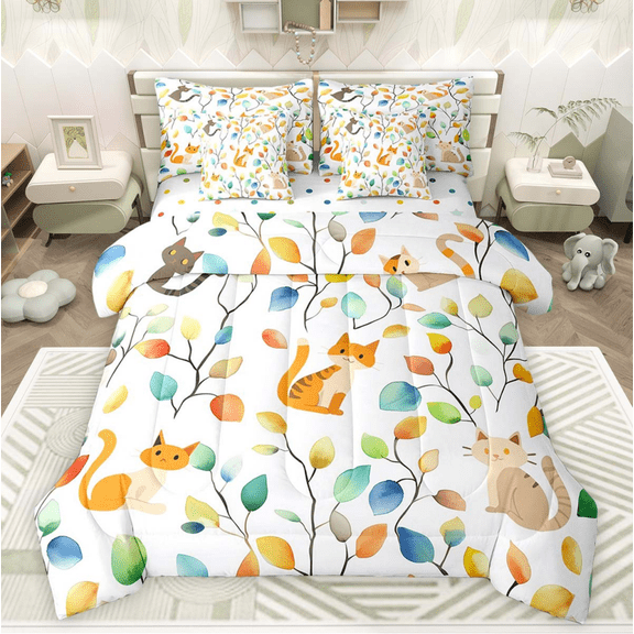Erosebridal Cute Cat Bed in a Bag 7 Pieces Hippie Floral Bedding Set, Chic Flower Twin Size Comforter Set Watercolor Leaves Bedding Comforter Sets, Animal Pet Bed Set Kitten Decorative