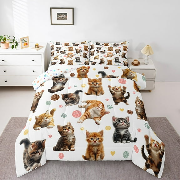 Erosebridal Cute Cat Bedding Twin Comforter Set, Kawaii Pet Kitten Down Comforter, Colorful Polka Dots Hearts Bedding Sets Twin with Comforter, Microfiber Bedroom Decor, 2 Pieces