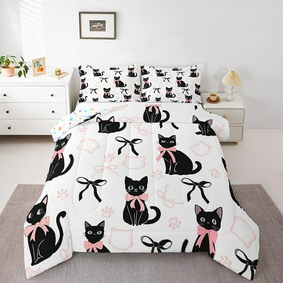 Erosebridal Cute Cat Bedding Twin Comforter Set,Pet Kitten Down Comforter,Pink Black Bow Tie Bedding Sets Twin With Comforter, Super Cozy Room Decoration,2 Pieces Reversible