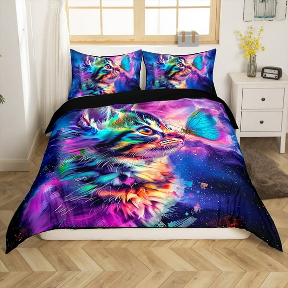 Erosebridal Cute Cat Duvet Cover Twin Size Purple Galaxy Bedding Set, Blue Butterfly Comforter Cover Kawaii Kitten Bed Set, Univers Glitter Stars Bedroom Set