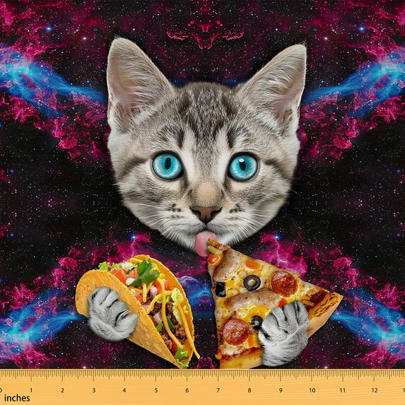 Erosebridal Cute Cat Indoor Outdoor Fabric ,Galaxy Pizza Upholstery Fabric,Funky Food Pattern Decorative Fabric,Starry Sky Indoor Outdoor Fabric for Upholstery and Home Accents,3 Yards