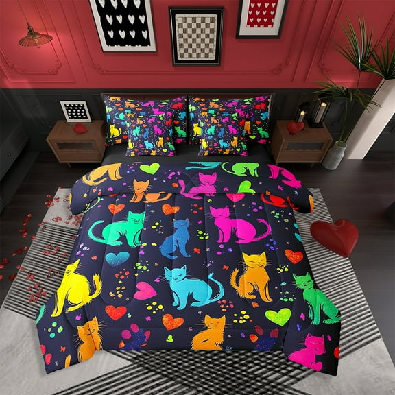Erosebridal Cute Cat Kitten Bedding Comforter Sets 7 Pieces Cartoon Animal Bed in a Bag Twin, Ultra Soft 7Pcs, Colorful