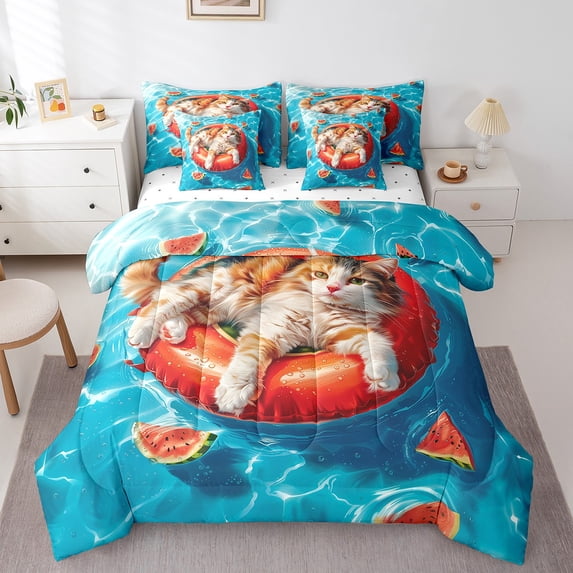 Erosebridal Cute Cat Kitten Bedding Sets King Size, Hawaii Beach Comforter Sets with Sheets, Summer Holiday Vacation Bedroom Decor, Reversible 7 Pieces
