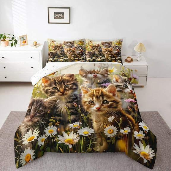 Erosebridal Cute Cat Kitten Print Bedding Queen Comforter Set, Pet Lovers Down Comforter, Daisy Blossoms Home Decor, Reversible 3 Pieces