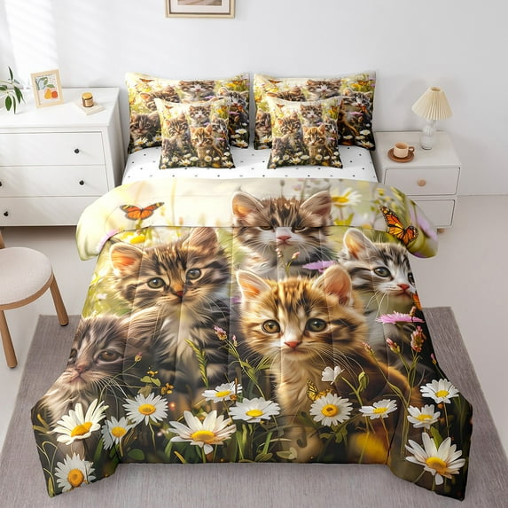 Erosebridal Cute Cat Kitten Print Bedding Sets Queen Size, Pet Lovers Comforter Sets with Sheets, Daisy Blossoms Home Decor, Reversible 7 Pieces