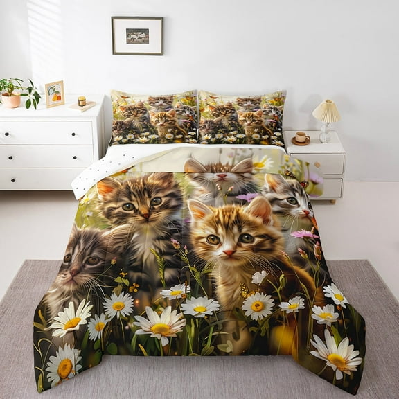 Erosebridal Cute Cat Kitten Print Comforter Sets Full Size, Pet Lovers Comforters & Duvets, Daisy Blossoms Home Decor, Reversible 3 Pieces