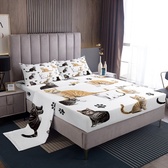 Erosebridal Cute Cat Kitten Sheet Set Twin , Pet Paws Bedding Sets Twin Size, Animal Themed Bedroom Decoration, Breathable 3pcs