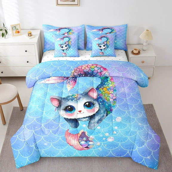 Erosebridal Cute Cat Mermaid Bedding Queen Size, Blue Fish Scales Comforter Sets with Sheets, Animal Bedroom Decor Lightweight 7-Piece