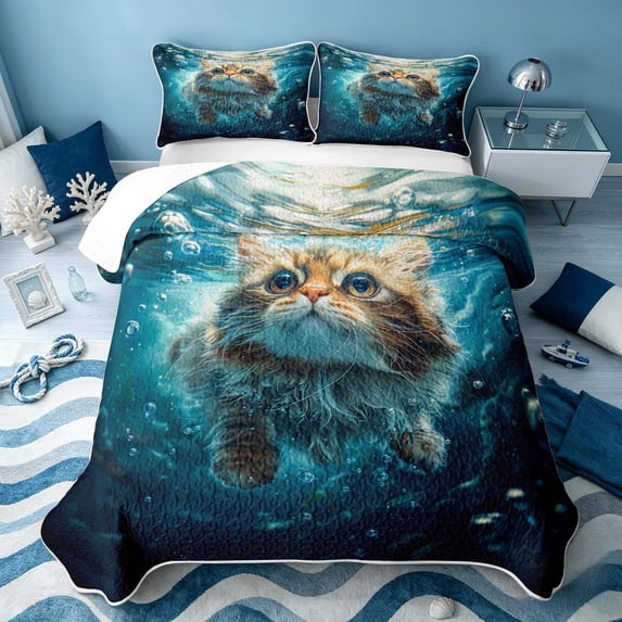 Erosebridal Cute Cat Quilt Full, Kawaii Animal Full Bedspread Sets, Reversible 3pcs, 1 Coverlet and 2 Pillowcases