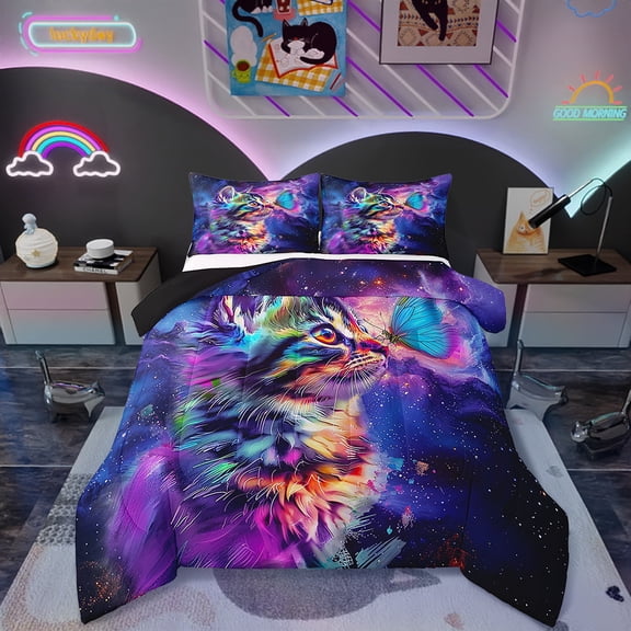 Erosebridal Cute Cat Twin Comforter Set Purple Galaxy Bedding Set Twin, Blue Butterfly Bedding Comforter Sets Kawaii Kitten Duvet Set, Univers Glitter Stars Quilted Comforter