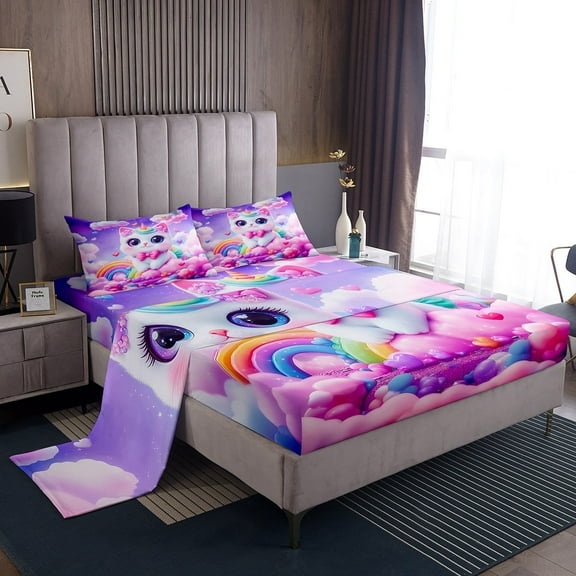 Erosebridal Cute Cat Unicorn Bed Sheets Set Twin Size , Dreamy Rainbow Love Heart Bedding Sets Twin Size, Breathable 3 Pieces
