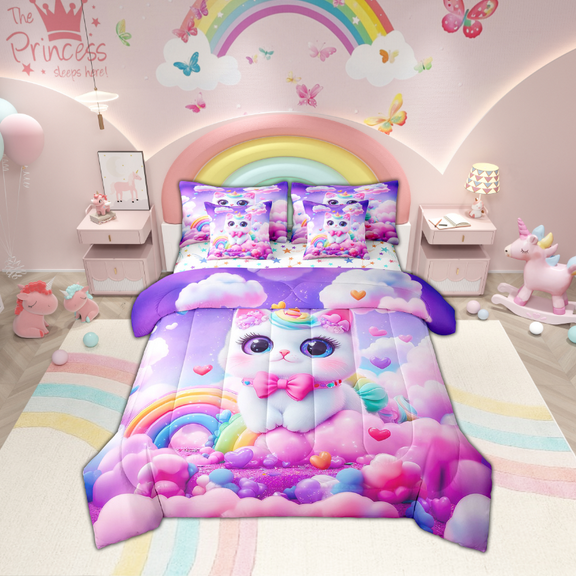 Erosebridal Cute Cat Unicorn Bedding Twin Size , Dreamy Rainbow Love Heart Bedding Accessories, Microfiber 7pcs