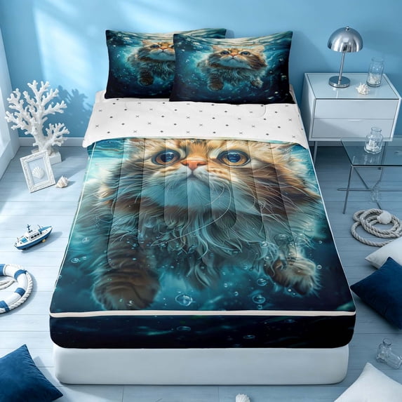 Erosebridal Cute Cat Zipper Twin Comforter Sets with Fitted Sheet and 2 Pillowcases, Kawaii Animal Zipper Bedding Set, Reversible