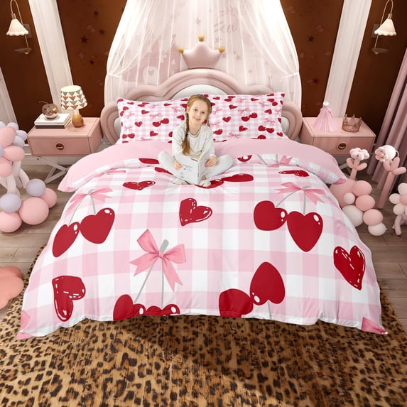 Erosebridal Cute Cherry Bow Duvet Cover Set for Girls, Pink Plaid Bedding Full, Pink Reversible, 1 Duvet Cover and 2 Pillowcases (No Comforter)