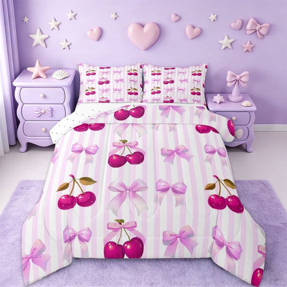 Erosebridal Cute Cherry Bowknot Full Size Comforter Sets,Purple Geometric Stripes Bedding Sets For Girls Kids,Reversible,3-Piece