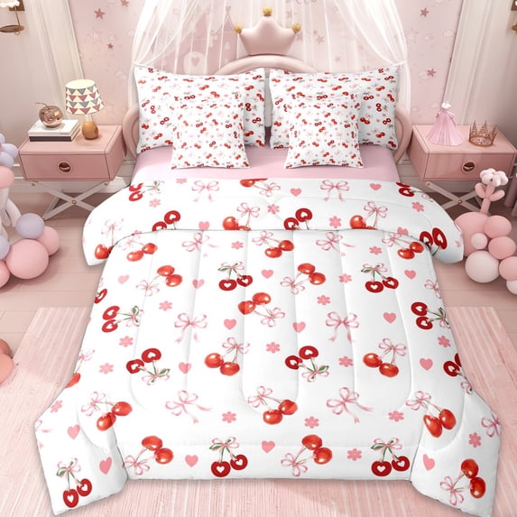 Erosebridal Cute Cherry Kids 7-Piece Twin Bedding Sets,Pink Bowknot Stars Print Bedding Comforter Set For Kids Girls,Pink Reversible