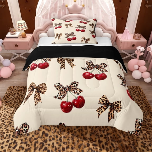 Erosebridal Cute Cherry Twin Comforter Sets for Girls, Leopard Print Bow Bedding Set, Black Reversible, 1 Comforter and 1 Pillowcase