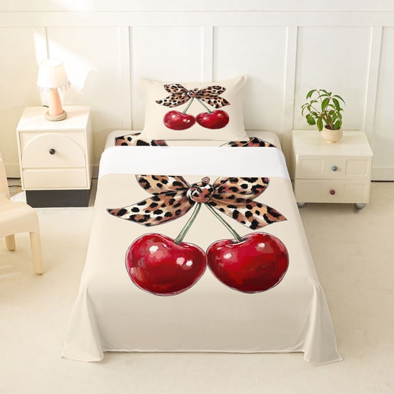 Erosebridal Cute Cherry Twin Sheet Sets for Girls, Leopard Print Bowknot Bedding, 1 Flat Sheet, 1 Fitted Sheet and 1 Pillowcase