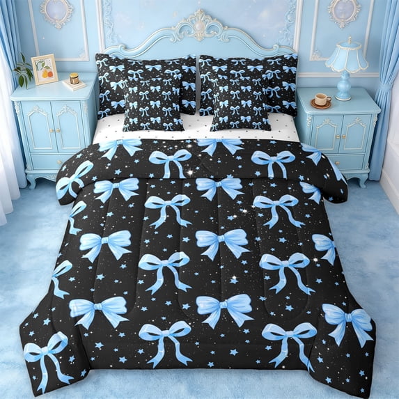 Erosebridal Cute Coquette Bow 7-Piece Bedding Comforter Set For Girls,Blue Kawaii Stars Pattern Kids King Bedding Sets,Reversible