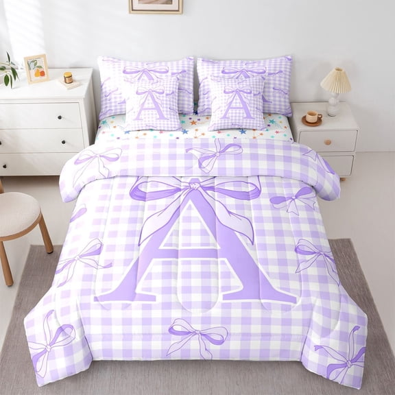 Erosebridal Cute Coquette Bow 7-Piece Twin Bedding Sets For Girls,Purple Alphabet A Theme Kids Bedding Comforter Set,Colorful Stars Reversible