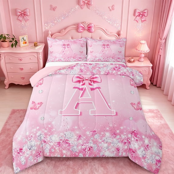 Erosebridal Cute Coquette Bow Full Size Comforter Sets For Kids,Pink Diamond Letter A Monogram Bedding Sets,Pink Reversible,3-Piece