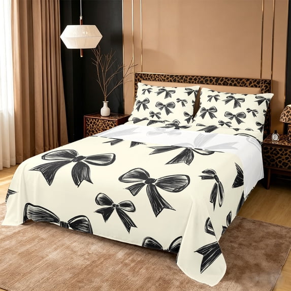 Erosebridal Cute Coquette Bow Full Size Sheets For Girls,Black Kawaii Bowknot Kids Bed Sheets 4pcs