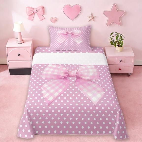 Erosebridal Cute Coquette Bow Twin Sheet Sets,Pink Bows Cute Polka Dot Bedding For Girls Kids 3 Pieces