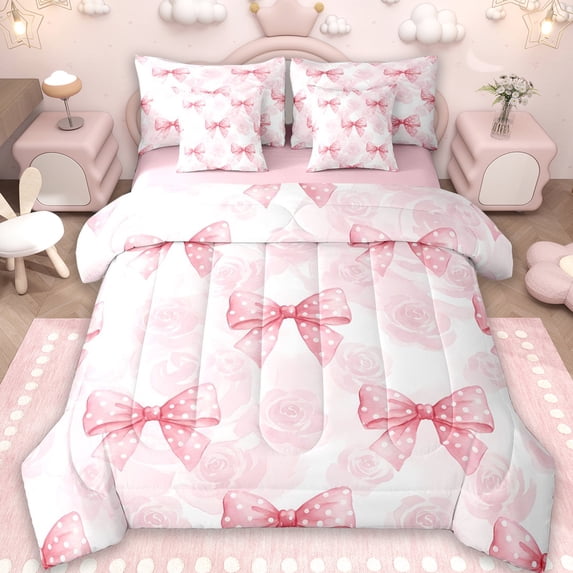 Erosebridal Cute Coquette Bowknot 7-Piece Bedding Comforter Set,Pink Polka Dot Bowtie King Bedding Sets For Bow Lovers,Reversible pink