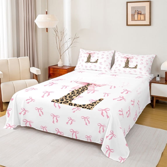 Erosebridal Cute Coquette Bowknot Bed Sheets,Leopard Print L Alphabet King Sheets For Bowtie Lovers 4 Pieces