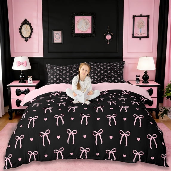 Erosebridal Cute Coquette Bowknot Duvet Cover Set,Cartoon Cute Stars Bedding Full For Girls Kids,Black Pink 3 Pieces,No Comforter,Reversible