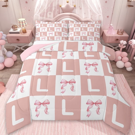 Erosebridal Cute Coquette Bowknot Queen Comforter Set,Girls Pink L Alphabet Bedding Comforter Set For Bow Lovers,Reversible pink,3-Piece