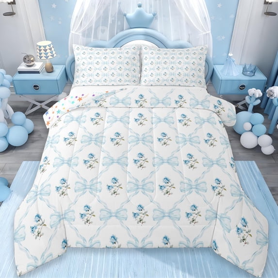Erosebridal Cute Coquette Bowknot Queen Comforter Set,Kawaii Rustic Flower Bedding Comforter Set For Girls Kids,White Blue, Reversible 3pcs