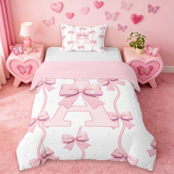 Erosebridal Cute Coquette Bowknot Twin Bedding,Girls Pink A Alphabet Duvet Cover Set For Bowtie Lovers 2pcs,No Comforter,Reversible
