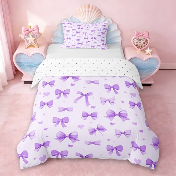 Erosebridal Cute Coquette Bowknot Twin Bedding,Purple Kawaii Bows Loves Duvet Cover Set For Girls Kids,Reversible,2pcs(No Comforter)