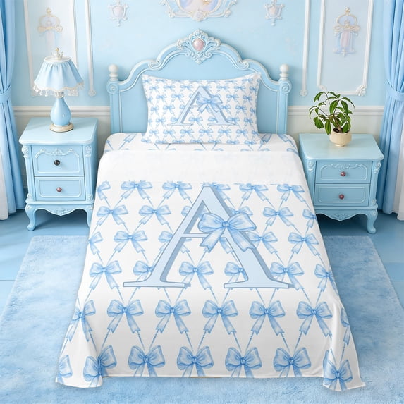 Erosebridal Cute Coquette Bowknot Twin Sheet Sets For Kids,Blue Cartoon Letter A Monogram Bedding 3-Piece