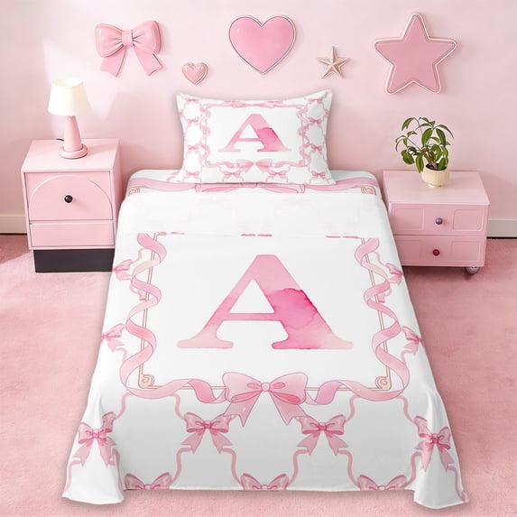 Erosebridal Cute Coquette Bowknot Twin Sheet Sets,Girls Pink A Alphabet Letter Bedding For Kids 3-Piece