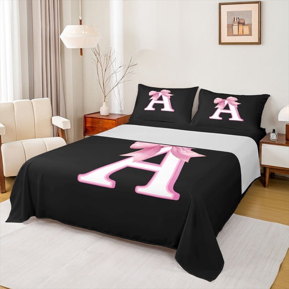 Erosebridal Cute Coquette Bows Bed Sheets,Girls Pink Bowknot A Alphabet King Sheets For Kids 4pcs