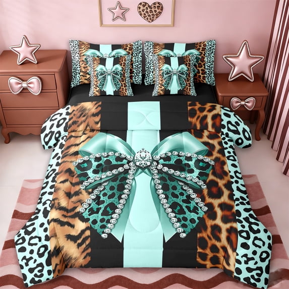 Erosebridal Cute Coquette Bows Kids 7-Piece Twin Bedding Sets For Cheetah Pattern Lover,Chic Leopard Print Bedding Comforter Set,Reversible black