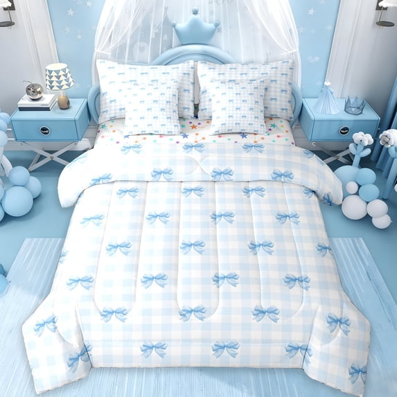 Erosebridal Cute Coquette Bowtie 7 Pieces Bedding Comforter Set,Blue Geometric Plaid Full Bedding Set For Girls Kids,Colorful Stars Reversible