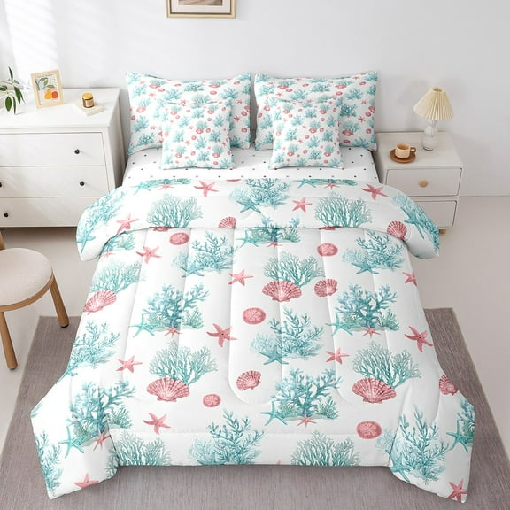 Erosebridal Cute Coral Shell Bedding Full Size,Marine Starfish Bed Set,Ocean Beach Bedding Sets Full Size For Girls,Microfiber Bedroom Decor Reversible,7pcs