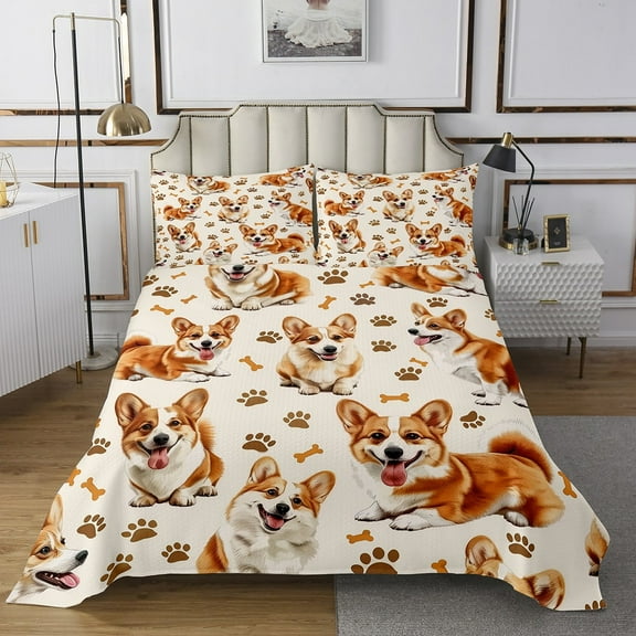 Erosebridal Cute Corgi Dog Bedspread Sets Twin Size,Kawaii Animal Bed Quilt,Room Decorative,Breathable,2pcs