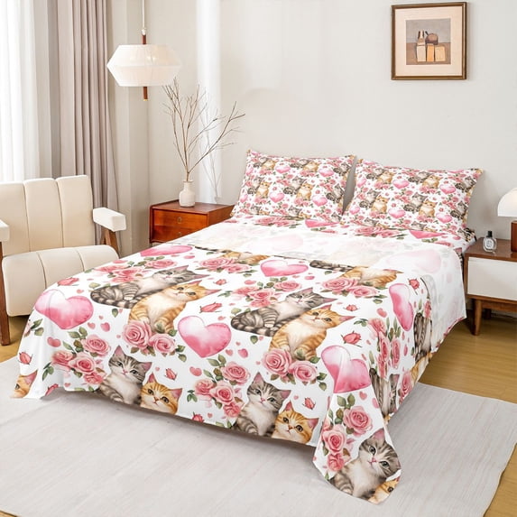Erosebridal Cute Couple Cat Bed Sheets for Kids, Rose Love Heart King Sheets, 4pcs