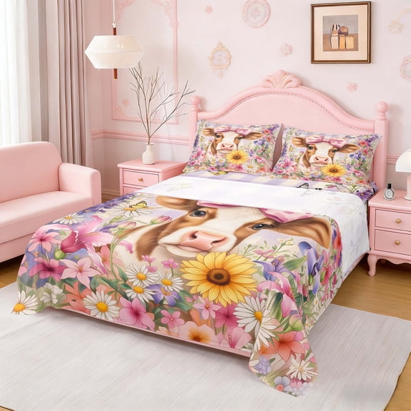 Erosebridal Cute Cow Pink Bow Floral Full Size Sheets for Girls, Brown White Pastel Bed Sheets, 4pcs, 1 Flat Sheet, 1 Fitted Sheet and 2 Pillowcases
