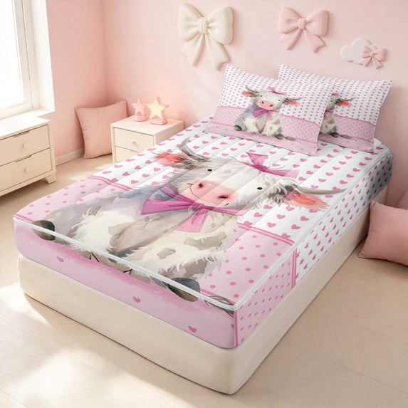 Erosebridal Cute Cow Zipper Queen Comforter Set with Fitted Sheet and 2 Pillowcases for Girls, Kawaii Pink Love Hearts Print Zipper Bedding Set, Pink Reversible