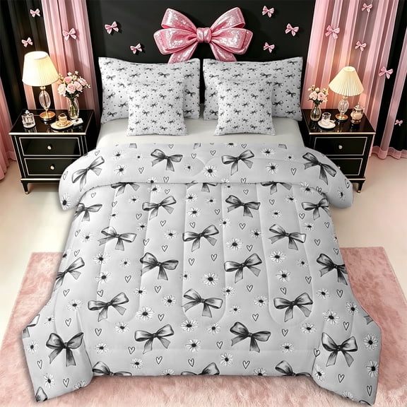 Erosebridal Cute Daisy Bow Twin Bedding Sets 7-Piece for Girls,Kids Teens Vintage Love Heart Bedding Comforter Set,Grey Reversible,Lightweight Room Decor