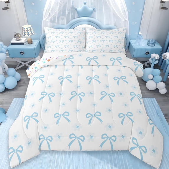 Erosebridal Cute Daisy Bowtie Queen Comforter Set For Kids,Blue Cartoon Bowknot Bedding Comforter Set, Reversible 3pcs