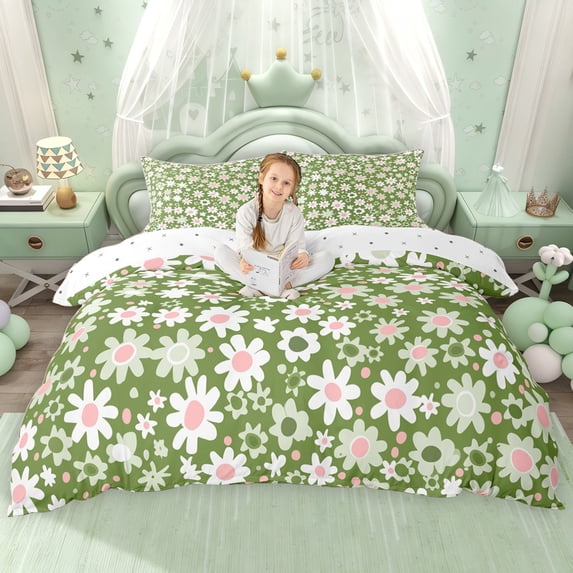 Erosebridal Cute Daisy Floral Queen Duvet Cover Set for Girls, Green Bedding, Reversible 3 Pieces, 1 Duvet Cover and 2 Pillowcases, No Comforter