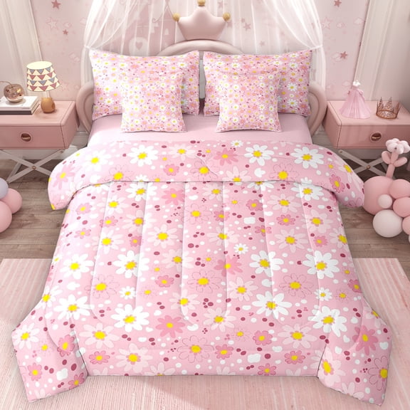 Erosebridal Cute Daisy Flower Twin Bedding Sets for Girls, Pink Bedding Comforter Set, Pink Reversible, 7-Piece