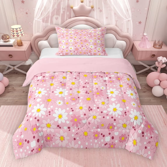 Erosebridal Cute Daisy Flower Twin Comforter Sets for Girls, Pink Bedding Set, Pink Reversible 2pcs, 1 Comforter and 1 Pillowcase